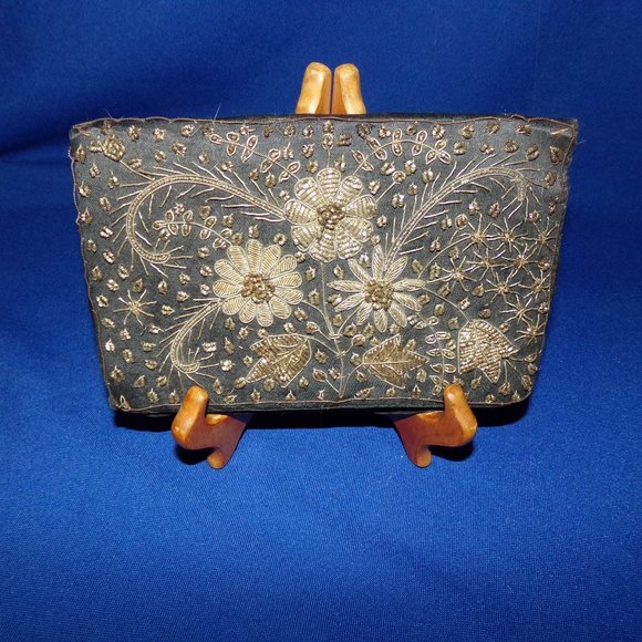 Handbags - Vintage Black & Gold Wire Hand Embroidered Clutch Purse